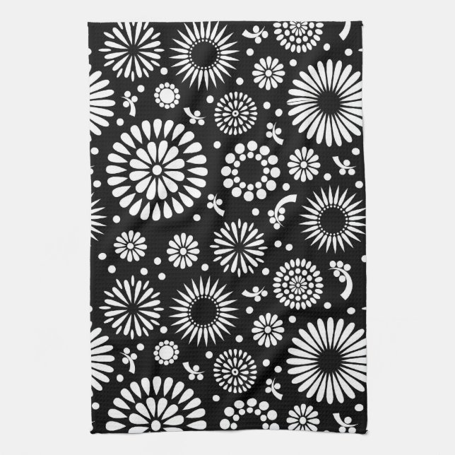 Boho flowers Black and White vector floral pattern Tea Towel (Vertical)