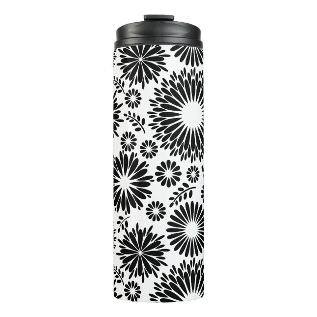 Boho flowers Black and White vector floral pattern Thermal Tumbler (Front)