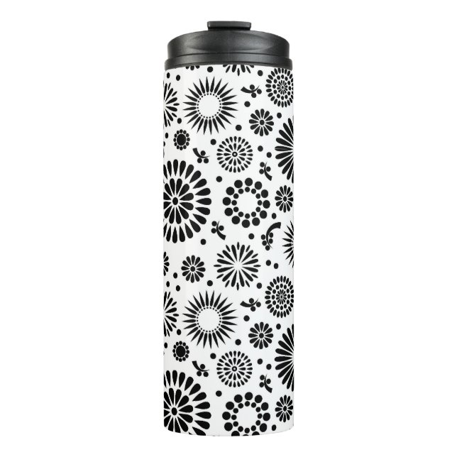 Boho flowers Black and White vector floral pattern Thermal Tumbler (Front)