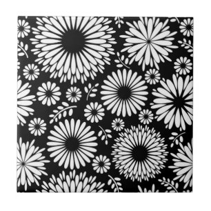 Boho flowers Black and White vector floral pattern Tile