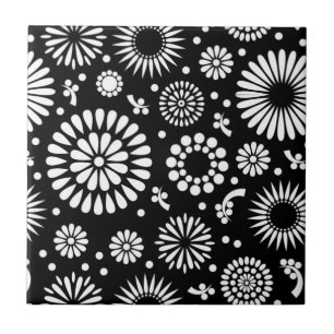 Boho flowers Black and White vector floral pattern Tile
