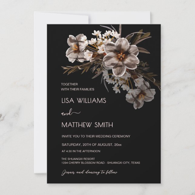 Boho Flowers Black Background Invitation (Front)