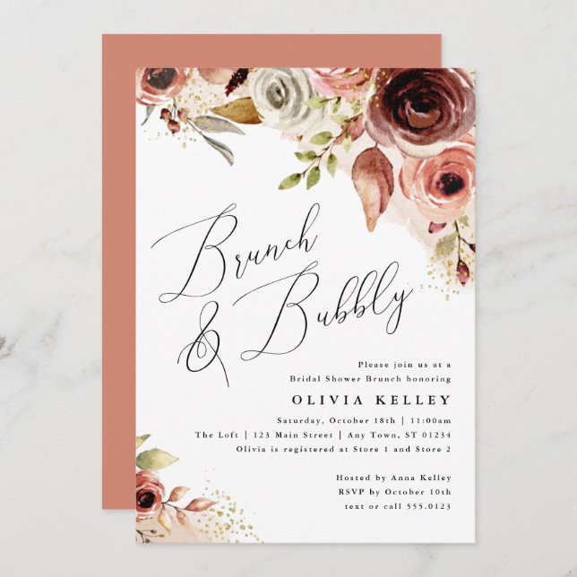 Boho Flowers Brunch & Bubbly Earthy Bridal Shower  Invitation (Front/Back)
