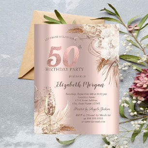 Boho Flowers,Champagne Glass,Rose Gold 50th Invitation