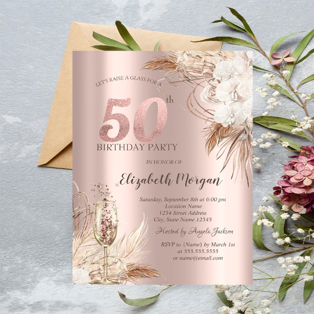 Boho Flowers,Champagne Glass,Rose Gold 50th Invitation (Creator Uploaded)
