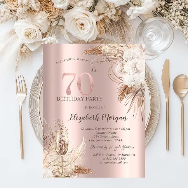 Boho Flowers,Champagne Glass,Rose Gold 70th Invitation (Creator Uploaded)