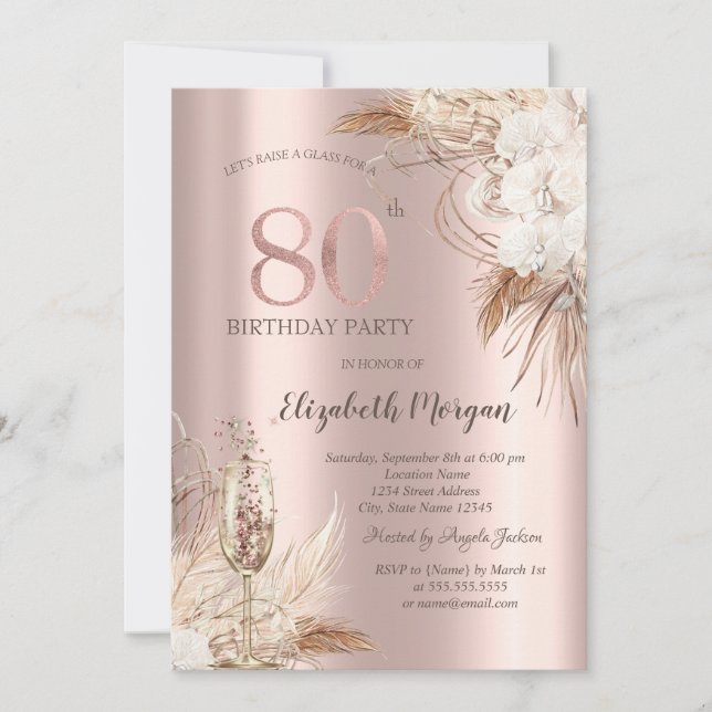 Boho Flowers,Champagne Glass,Rose Gold 80th Invitation (Front)