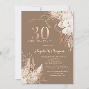 Boho Flowers,Champagne Glass,Terracotta 30th Invitation