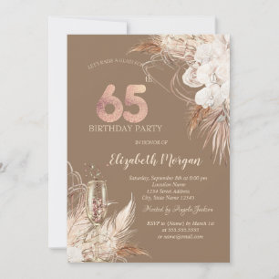Boho Flowers,Champagne Glass,Terracotta 65th Invitation