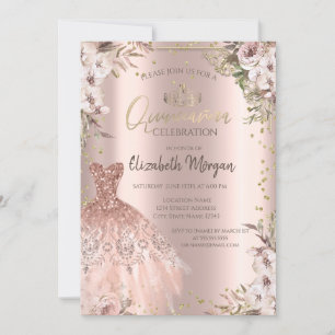 Boho Flowers Diamonds Dress Quinceanera Invitation