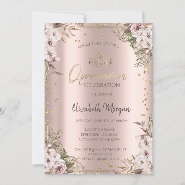 Boho Flowers Diamonds Quinceanera Invitation (Front)