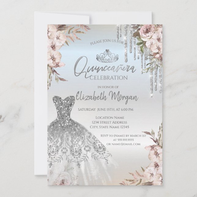 Boho Flowers Dress Silver Drips Quinceanera Invitation (Front)