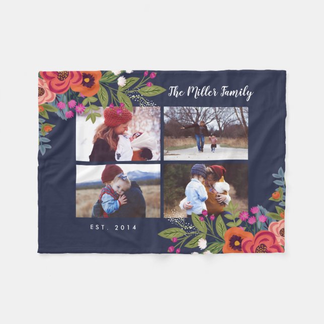 Boho Flowers Family Photo Collage Fleece Blanket (Front (Horizontal))