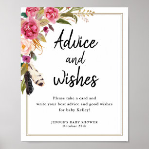Boho Flowers & Feathers Advice Cards Display Sign