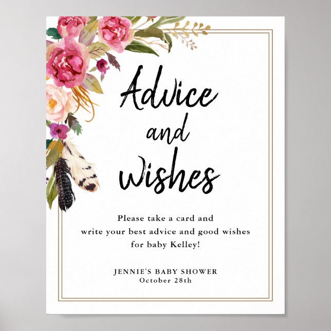 Boho Flowers & Feathers Advice Cards Display Sign (Front)