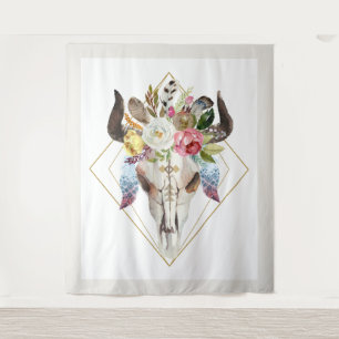 Boho flowers & feathers geometric bull skull tapestry