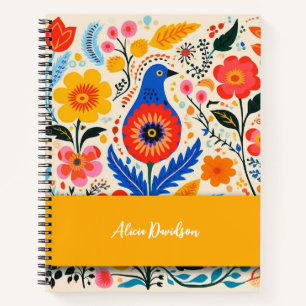 Boho Flowers Folk Blue Bird your name Notebook