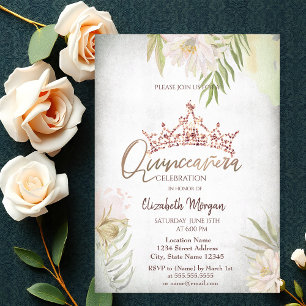 Boho Flowers Glitter Crown Quinceañera Invitation