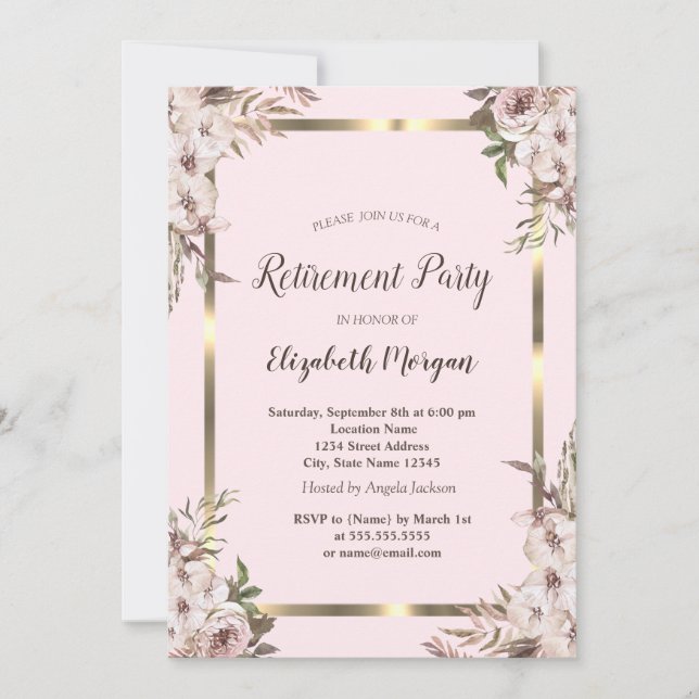 Boho Flowers Gold Frame Blush Pink Retirement  Invitation (Front)