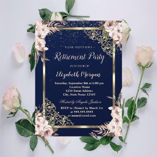 Boho Flowers Gold Frame Navy Blue Retirement Invitation