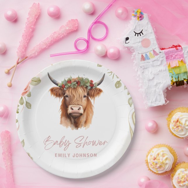 Boho Flowers Highland Cow Paper Plate (Party)