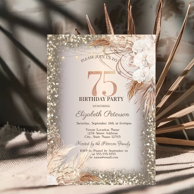 Boho Flowers,Lights Glitter Frame 75th Birthday Invitation (Creator Uploaded)