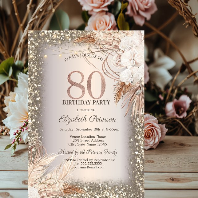 Boho Flowers,Lights Glitter Frame 80th Birthday Invitation (Creator Uploaded)