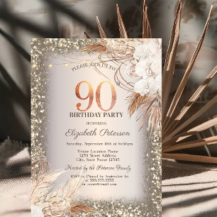 Boho Flowers,Lights Glitter Frame 90th Birthday Invitation