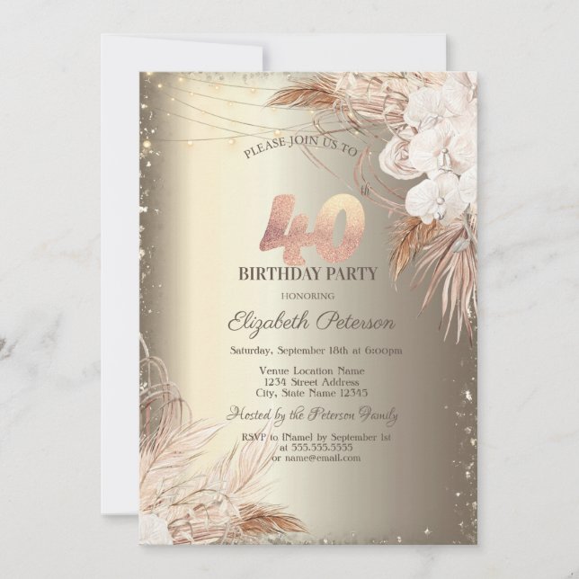 Boho Flowers,Lights Glitter Frame Gold 40th  Invitation (Front)