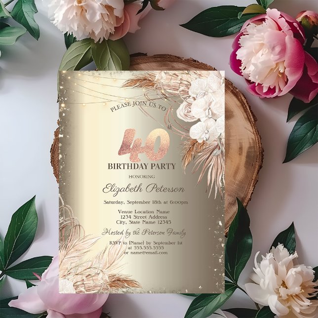 Boho Flowers,Lights Glitter Frame Gold 40th  Invitation (Creator Uploaded)
