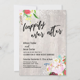 Boho Flowers Lights Rustic Wood Happily Ever After Invitation