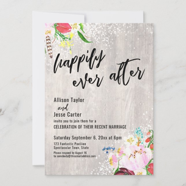 Boho Flowers Lights Rustic Wood Happily Ever After Invitation (Front)