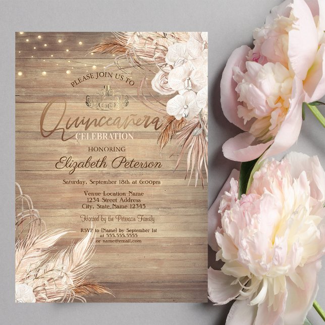 Boho Flowers,Lights,Wood Quinceañera  Invitation (Creator Uploaded)