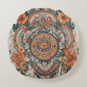 Boho Flowers Modern Art Round Pillow