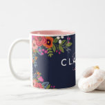 Boho Flowers - Navy Blue with Pink Monogram Two-Tone Coffee Mug<br><div class="desc">Navy blue mug printed with hand-drawn flower arrangements in hot pink,  orange,  coral red,  and white. Add your monogram and name in pink and white.</div>