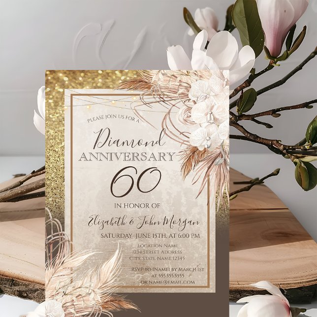 Boho Flowers Pampas Grass Glitter Anniversary Invitation (Creator Uploaded)