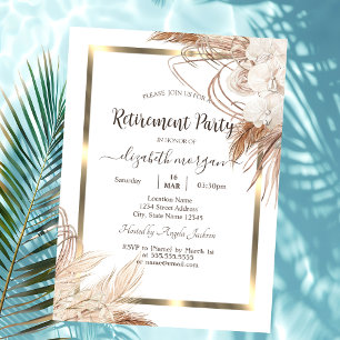 Boho Flowers Pampas Grass Gold Frame Retirement   Invitation