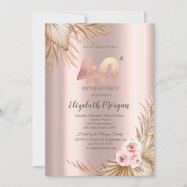  Boho Flowers Pampas Rose Gold 40th Birthday  Invitation (Front)