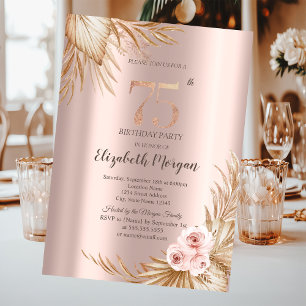  Boho Flowers Pampas Rose Gold 75th Birthday  Invitation