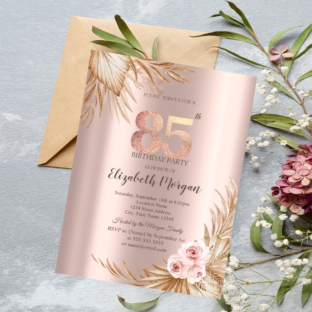  Boho Flowers Pampas Rose Gold 85th Birthday  Invitation (Creator Uploaded)