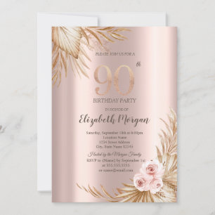 Boho Flowers Pampas Rose Gold 90th Birthday  Invitation