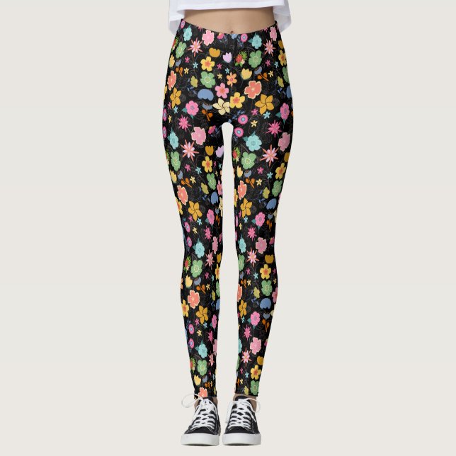 Boho Flowers Pattern B01.b Black BG  Leggings (Front)