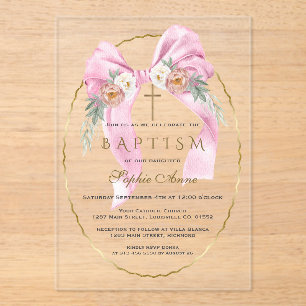 Boho Flowers Pink Bow Girl Baptism Transparent   Acrylic Invitations