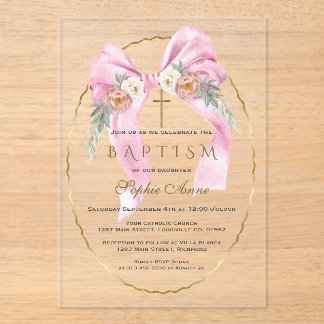 Boho Flowers Pink Bow Girl Baptism Transparent Acrylic Invitations