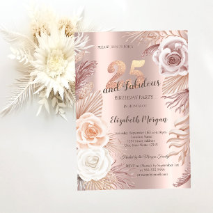 Boho Flowers Rose Gold 25th Birthday Party  Invitation