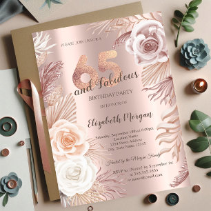 Boho Flowers Rose Gold 65th Birthday Party  Invitation