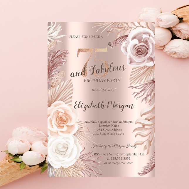 Boho Flowers Rose Gold 75th Birthday Invitation (Creator Uploaded)