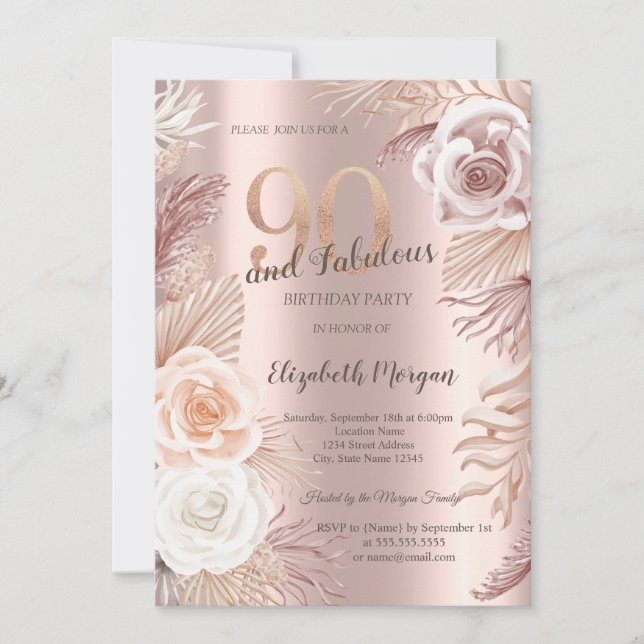 Boho Flowers Rose Gold 90th Birthday Party  Invitation (Front)