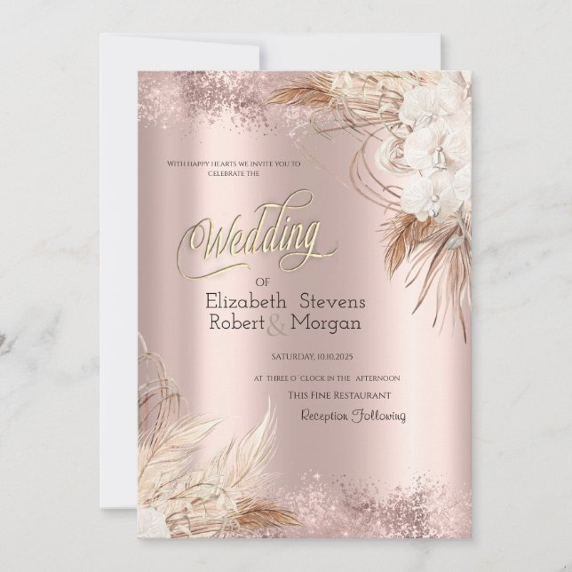 Boho Flowers Rose Gold Confetti Wedding  Invitation (Front)