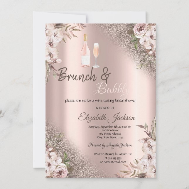 Boho Flowers Rose Gold Glitter  Brunch & Bubbly  Invitation (Front)